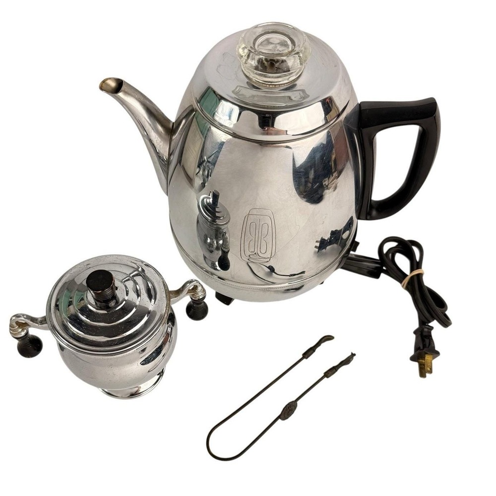 Vtg GE Potbelly Automatic Coffee Percolator 68P40 Chrome Sugar Bowl Tongs MCM